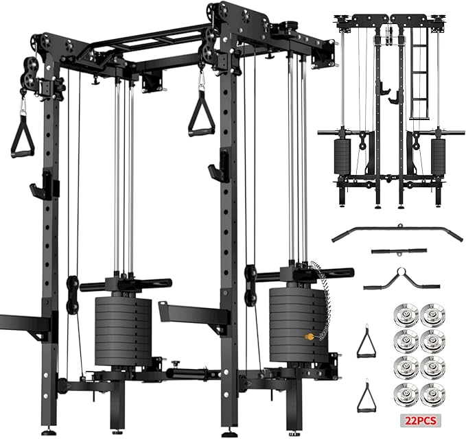 JEEKEE Folding Wall Mounted Power Rack with 180LB Weight Stack, 2400LB 2×3 Heavy Duty Squat Rack, Dual Cable Crossover System 1:1 Ratio, Functional Trainer for Home Gym Small Space,Black