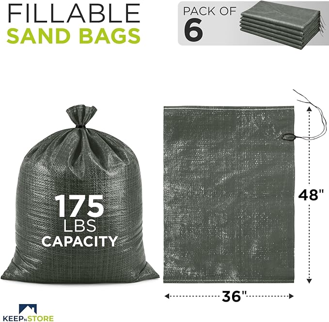 Heavy Duty Sand Bags Pack of 6, Army Green Empty Sandbags with Built-In Ties, Woven Polypropylene UV Protection 1600 Hours, Fillable Bags for Flood Control, Weight, 36x48 inches, 175 Pounds Volume