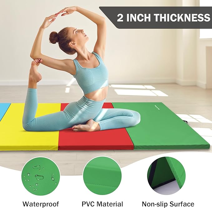 Fitvids Folding Exercise Gymnastics Mat 4'x8'x2" Gym Workout Mat with Carrying Handles High-Density Portable Fitness Aerobics Mats for Home Gym Yoga Pilates Tumbling MMA Core Training, Multiple Colors