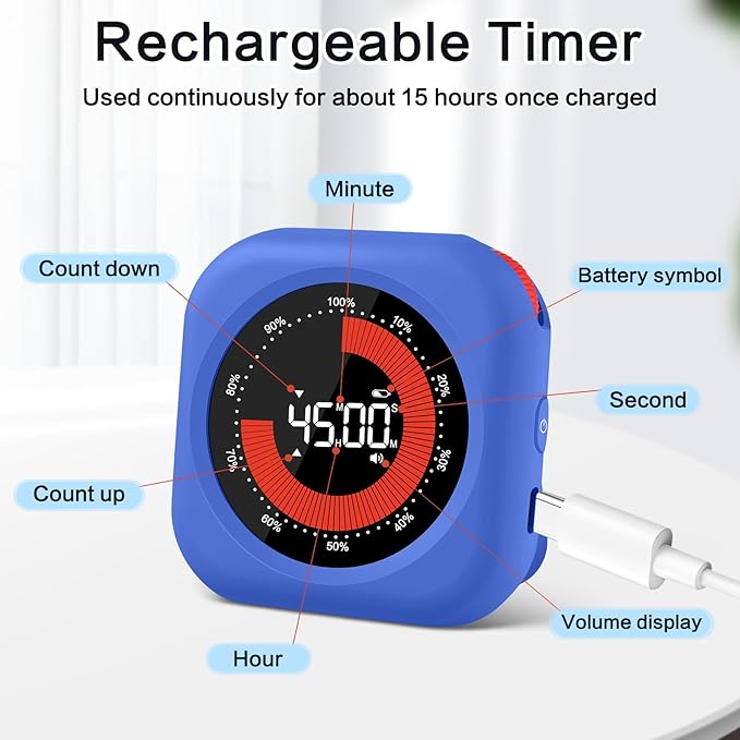 Visual Timer for Classroom Rechargeable, 10-Hour Digital Timers with Visual Time Bars Design, 3 Brightness/3 Volume Adjustable Magnetic Timer, Countdown/up Timer for Study Game Gym Kitchen Office