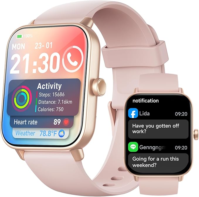 Smart Watches for Women,1.85" HD Display Compatible iPhone/Android (Answer/Make Calls),110+ Sport Modes Fitness Tracker with Heart Rate/Sleep/Sp02 Monitor,200+watch Face IP68 Waterproof (Pink, 1.85)
