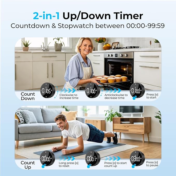 Rechargeable Magnetic Kitchen Timer for Cooking, Building 800mAh Battery Large Display Digital Countdown Countup Timer, 3 Preset 5/15/25 Mins Loud Alarm for Baking Grilling Studying - 2PCS