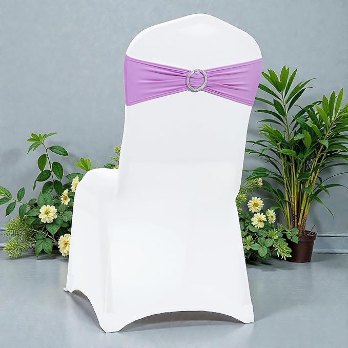 MDS Pack of 125 Spandex Chair Sashes Bow Universal fits Elastic Stretch Chair Bands Ties with Buckle for Wedding Party Banquet Events Decoration Spandex Slider Sashes Bow - Light Purple