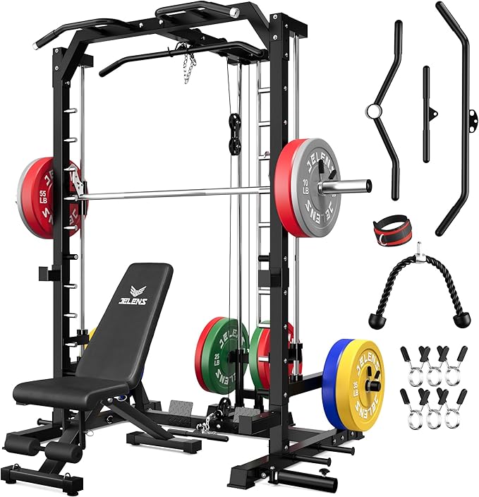 JELENS SR01 Smith Machine, 2000LBS Multi-Function Power Cage with LAT Pulldown System, All-in-One Home Gym Squat Rack with Smith Bar and Training Attachments for Full Body Workouts