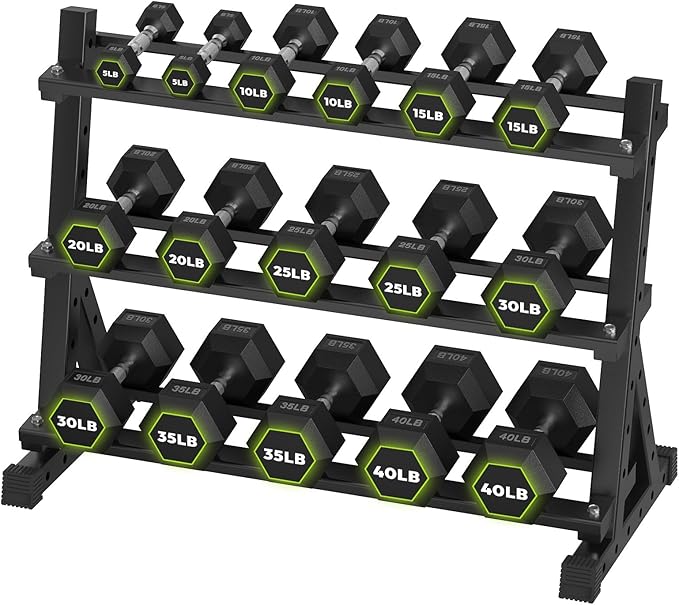 HANDBODE Hex Dumbbell Set with Rack, 300-840 lb Rubber Coated Fixed Weights Sets with Heavy Duty Storage Stand, Hexagon Shape for Stable Placement, Home Gym Equipment for Strength Training