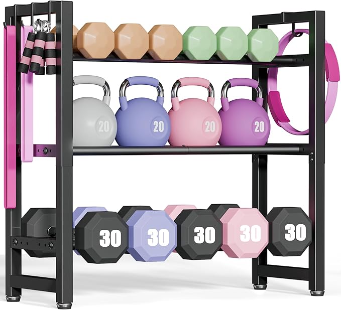 3 Tier Compact Weight Rack for Dumbbells, Adjustable Weight Storage Racks with Side Hooks, Space-Saving Home Gym Rack for Dumbbells Kettlebells & Fitness Accessories, Small Dumbbell Rack 𝐆𝐢𝐟𝐭𝐬 𝐟𝐨𝐫 𝐌𝐨𝐭𝐡𝐞𝐫‘𝐬 𝐃𝐚𝐲