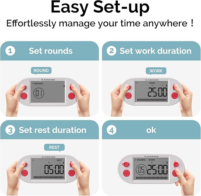 KADAMS Pomodoro Timer for Productivity Interval Countdown for Study Exams Gym Workouts Exercise HIIT Tabata -Magnets, Stand (Red)