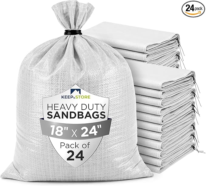 Heavy Duty Sand Bags Pack of 24, White Empty Sandbags with Built-In Ties, Woven Polypropylene UV Protection 1600 Hours, Fillable Bags for Flood Control, Weight, 18x24 inches, 60 Pounds Volume