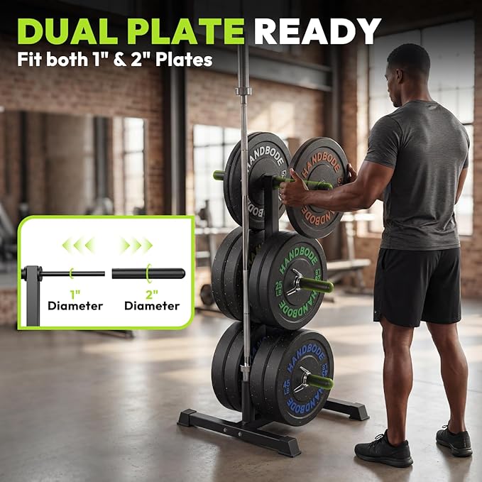 HANDBODE Weight Plate Rack with Barbell Storage, 6-Peg Vertical Holder for 1 or 2-Inch Plates, Heavy Duty 1100 lbs Capacity for Home Gym Organization