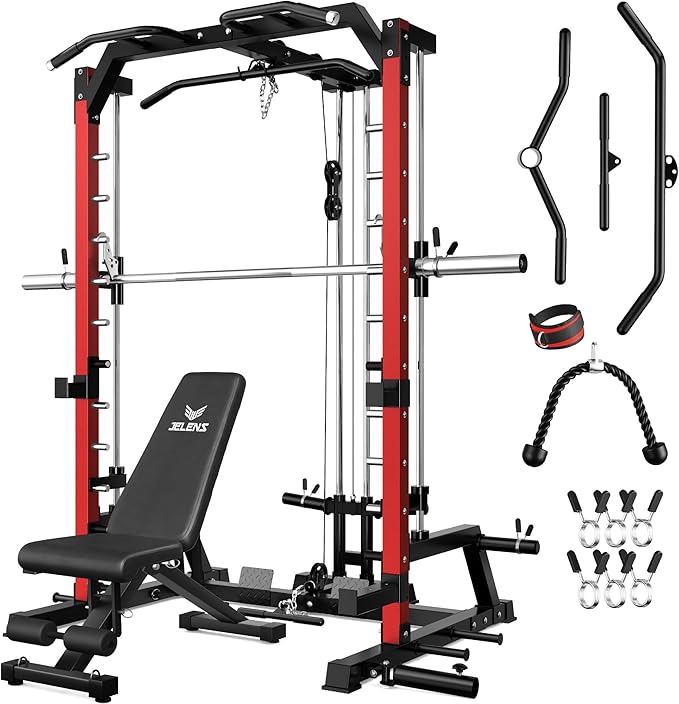 JELENS SR01 Smith Machine, 2000LBS Multi-Function Power Cage with LAT Pulldown System, All-in-One Home Gym Squat Rack with Smith Bar and Training Attachments for Full Body Workouts