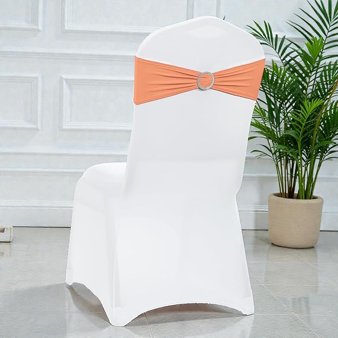 MDS Pack of 10 Spandex Chair Sashes Bow Premium Stretch Chair Cover Band with Buckle Slider Universal fits Elastic Dining Chair Ties for Wedding Party Banquet Events Decoration - Peach