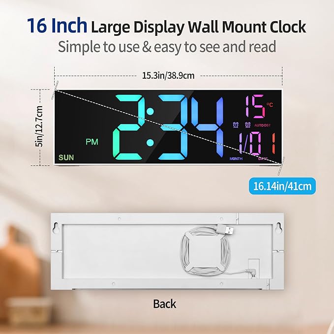 LEIKE 16.2'' Large Digital Wall Clock with Remote Control, Big LED/Dual Alarm/8 RGB Colors/Auto Brightness/Date/Auto DST/Temperature/Night Light Gym Clocks for Living Room Bedroom Office Wall Decor