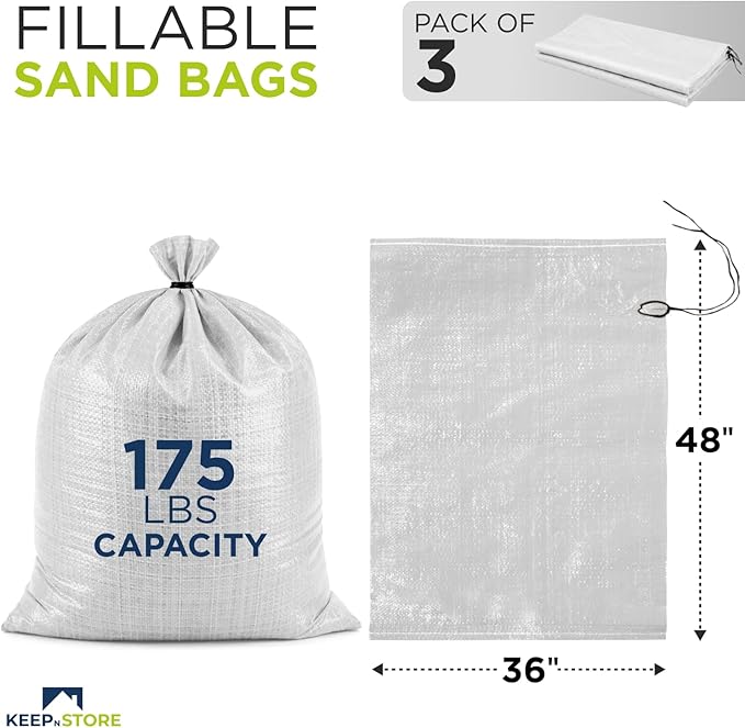 Heavy Duty Sand Bags Pack of 3, White Empty Sandbags with Built-In Ties, Woven Polypropylene UV Protection 1600 Hours, Fillable Bags for Flood Control, Weight, 36x48 inches, 175 Pounds Volume