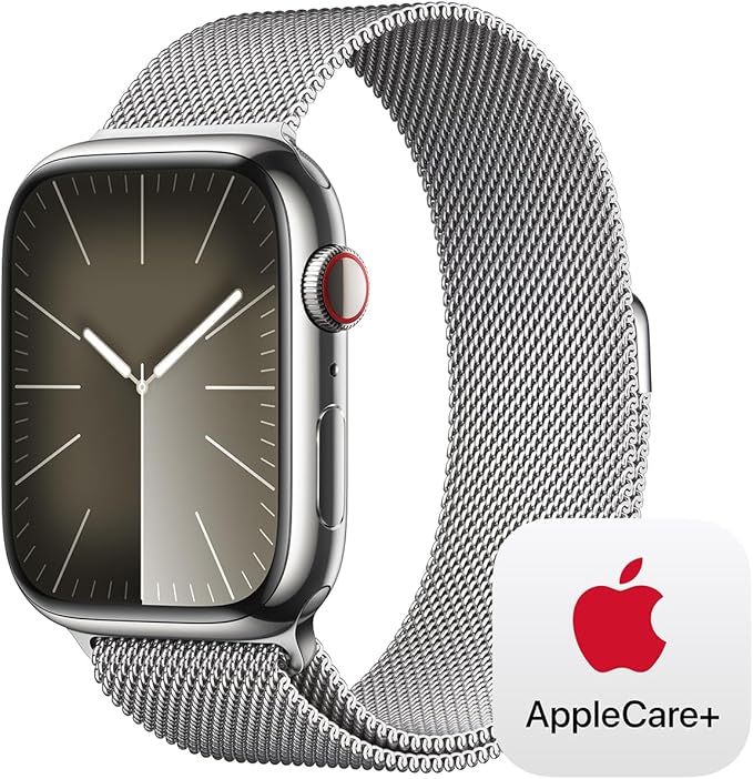 Apple Watch Series 9 [GPS + Cellular 45mm] Smartwatch with Silver Stainless Steel Case with Silver Milanese Loop with AppleCare+ (2 Years)