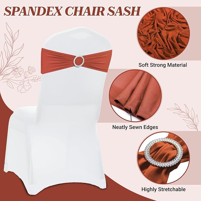 MDS Pack of 50 Spandex Chair Sashes Bow Premium Stretch Chair Cover Band with Buckle Slider Universal fits Elastic Dining Chair Ties for Wedding Party Banquet Events Decoration - Terracotta