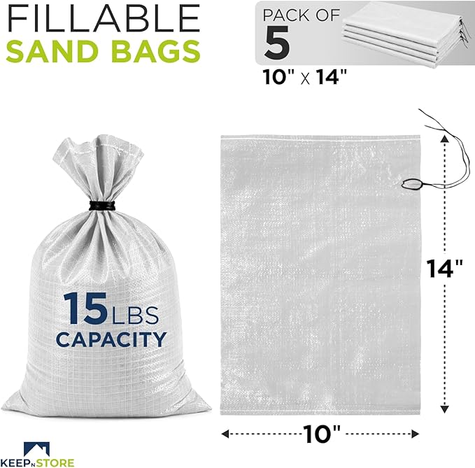 Heavy Duty Sand Bags Pack of 5, White Empty Sandbags with Built-In Ties, Woven Polypropylene UV Protection 1600 Hours, Fillable Bags for Flood Control, Weight, 10x14 inches, 15 Pounds Volume