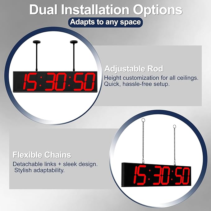 CHKOSDA Digital Clock Large Display 28" with Remote Control,Double-Sided Clock, Suspended Design for Hospitals, Factories, Airports.