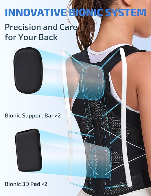 Posture Corrector for Women and Men with Bionic System, Precise Full Back Support Back Brace for Upper and Lower Back Pain Relief with Two 3D Pads