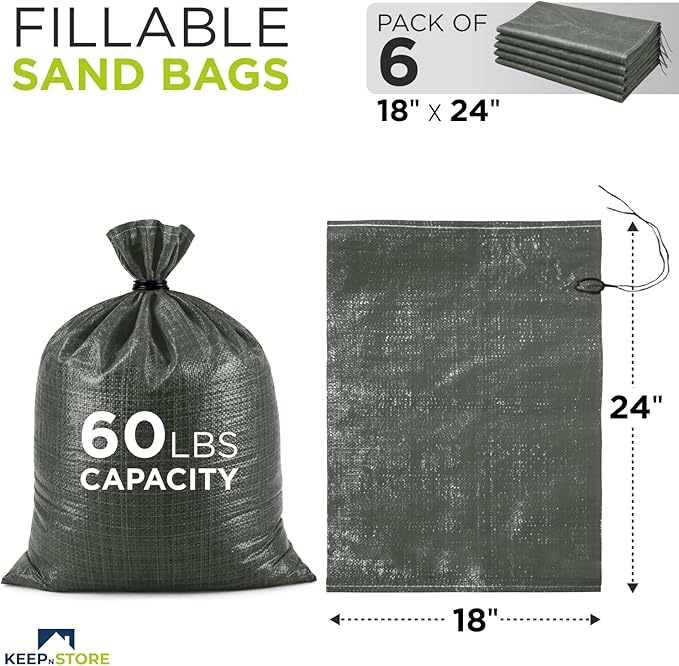 Heavy Duty Sand Bags Pack of 6, Army Green Empty Sandbags with Built-In Ties, Woven Polypropylene UV Protection 1600 Hours, Fillable Bags for Flood Control, Weight, 18x24 inches, 60 Pounds Volume