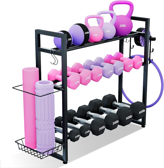 3-Tier Dumbbell Rack with 882 LBS Capacity, Multi-Purpose Weight Rack for Home Gym with Shelf and Movable Hooks, Weight Holder and Home Gym Storage Organizer for Dumbells Kettlebells Yoga Mat