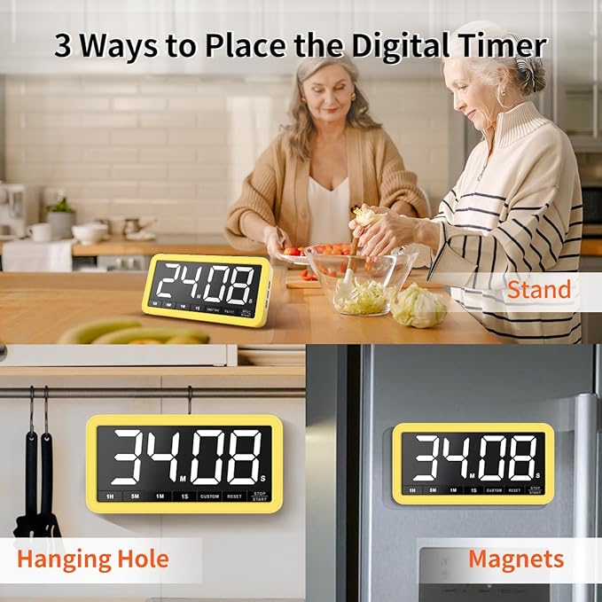 VOCOO Digital Kitchen Timer with 7.8” Extra Large Display, Magnetic, 3 Brightness, 4 Alarms and 3 Volume Levels, Battery Countdown Count Up Timer for Cooking, Classroom, Home Gym (Yellow)