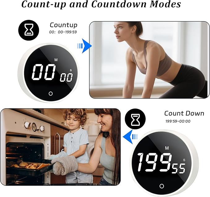 Digital Kitchen Timer - Magnetic 199-Minute Countdown Countup Timer with Large LED Display,Volume Adjustable, Visual timers for Cooking,Gym,Meeting,Classroom,Study,Work,Outdoor Activities