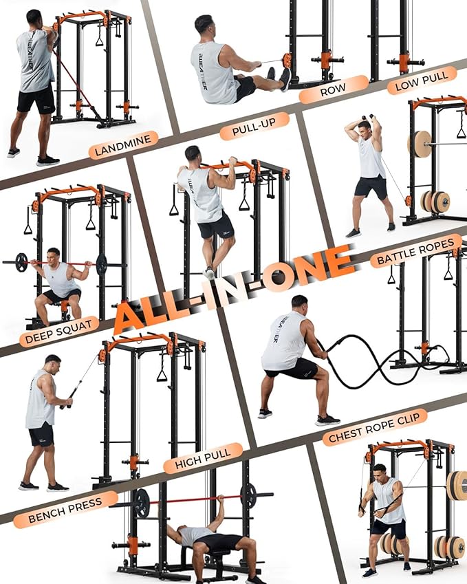 Power Cage, Power Rack with Cable Crossover System, 2000LBS Squat Rack with LAT Pull Down System, Workout Cage with Pulley System for Fitness Home Gym Strength Training (Red&Black)