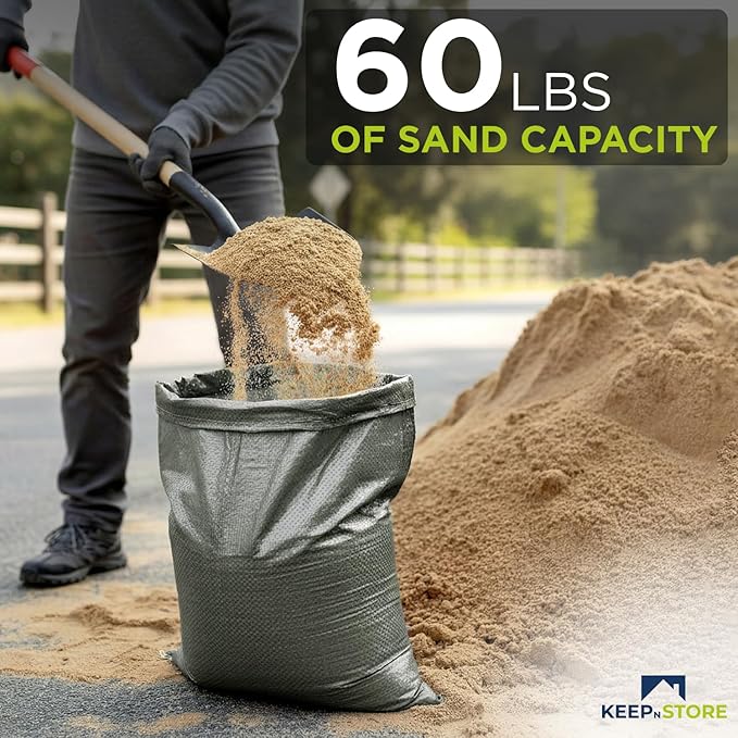 Heavy Duty Sand Bags Pack of 24, Army Green Empty Sandbags with Built-In Ties, Woven Polypropylene UV Protection 1600 Hours, Fillable Bags for Flood Control, Weight, 18x24 inches, 60 Pounds Volume