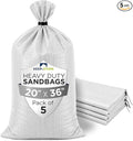 Heavy Duty Sand Bags Pack of 5, White Empty Sandbags with Built-In Ties, Woven Polypropylene UV Protection 1600 Hours, Fillable Bags for Flood Control, Weight, 20x36 inches, 100 Pounds Volume