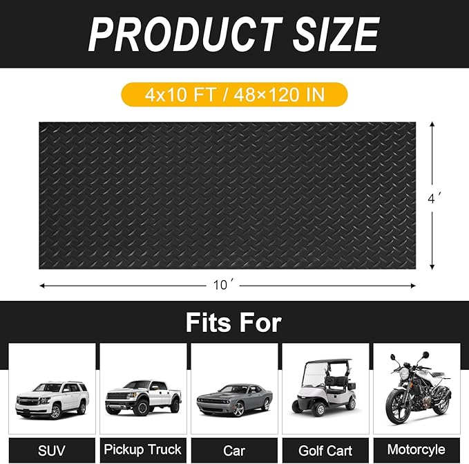 4x10FT Garage Floor Mat, 2.8mm Thickened Flooring Roll for Under Car, Golf Cart Parking Mat, Diamond Plate PVC Rubber Motorcycle Mat, Non-Slip Floor Protector for Garage Warehouse Trailer, Black