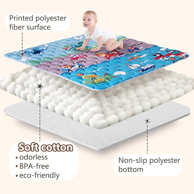 Baby Play Mat, 50x50 Playpen Mat with Super Soft Touch, Activity Mat with Upgraded Anti-Slip Bottom, Machine Washable Crawling Mat for Floor & Picnic (Vehicles)