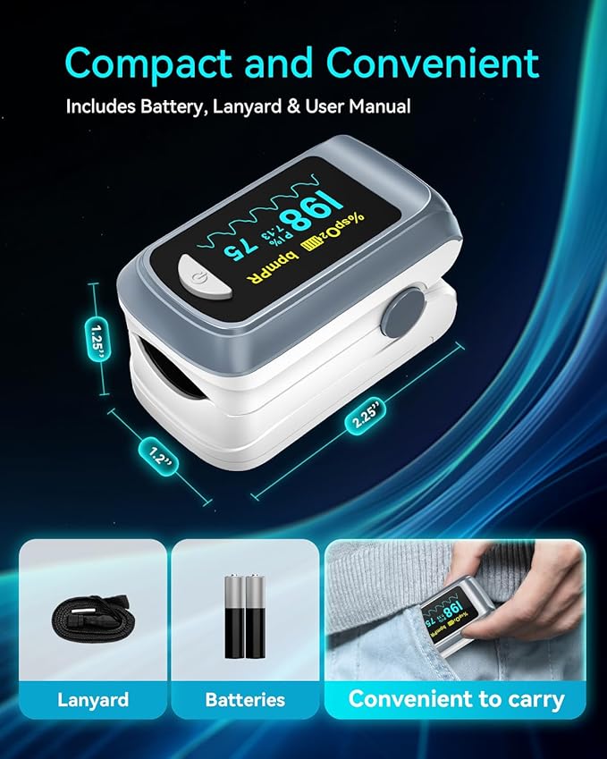 HealthTree JKS50B Fingertip Pulse Oximeter Blood Oxygen Saturation Monitor Pulse Ox, Heart Rate and Fast Spo2 Reading Oxygen Meter with OLED Screen Included Lanyard and 2 X AAA Batteries