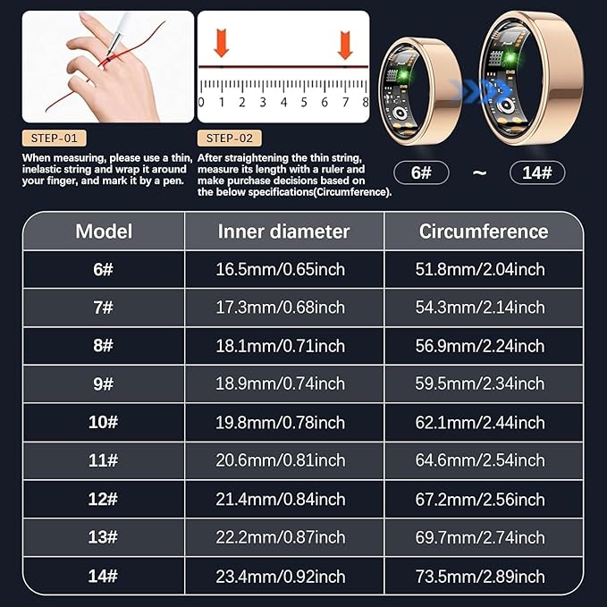 Smart Ring for Women Men, Fit Ring with Heart Rate, Blood Oxygen, HRV, Sleep Monitor, Stress, Step Counter, IP68 Waterproof Fitness Rings for iPhone & Android, No Subscription Fee (Rose Gold, 9#)