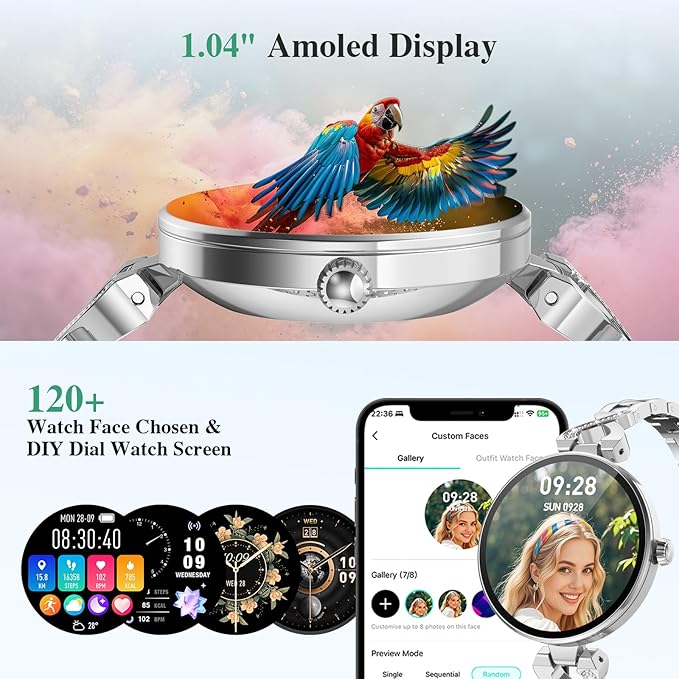 Smart Watches for Women, Answer/Make Call, 1.04'' AMOLED, 24H Sleep Tracker, Fitness Tracker with Heart Rate/Blood Pressure/SpO2/Stress Monitor, 100+ Sport Modes Waterproof Smartwatch for IOS/Android