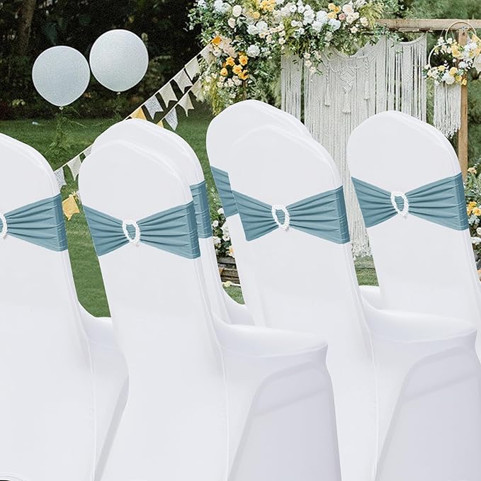 Howhic Pack of 120 Spandex Chair Sashes Bows Stretch Chair Cover Band with Buckle Slider Universal Elastic Chair Ties for Wedding Banquet Party Event Decoration (Dusty Blue)