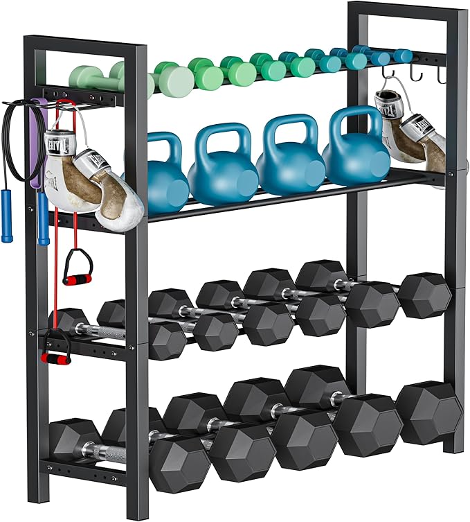 Adjustable Dumbbell Rack, Weight Storage Stand Holder for Dumbbells & Kettlebells, Heavy-Duty Metal Home Gym Workout Organizer with Hook for Gym Equipment Accessories (Rack Only)