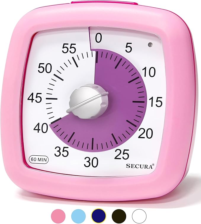Secura 60-Minute Visual Timer, Silent Study Timer for Kids and Adults, Time Clocks, Time Management Countdown Timer for Teaching (Pink)