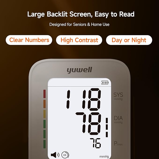 yuwell Blood Pressure Monitor, Large Upper Arm Blood Pressure Cuff, Digital Blood Pressure Machine for Home Use, Large Backlit Screen Display, Stores 199 Readings, Voice Broadcasting with Batteries