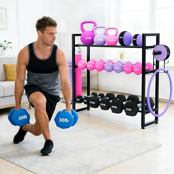 3-Tier Dumbbell Rack with 882 LBS Capacity, Multi-Purpose Weight Rack for Home Gym with Shelf and Movable Hooks, Weight Holder and Home Gym Storage Organizer for Dumbells Kettlebells Yoga Mat