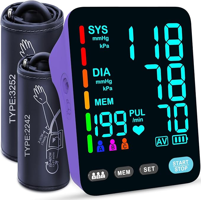 Blood Pressure Monitor, Automatic Upper Arm Blood Pressure Monitors for Home Use, 2 Blood Pressure Machine Cuff(9-17in & 13-21in) with Large LED Backlit Display, 3x199 Reading Memory Purple