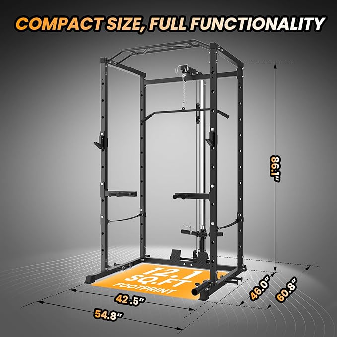 GarveeLife Power Cage, Multi-Function Squat Rack with LAT Pulldown, 1600 LBS Weight Capacity Fitness Power Rack with Cable Pulley System and j-Hooks, Dip Bars and Landmine Attachment for Home Gym
