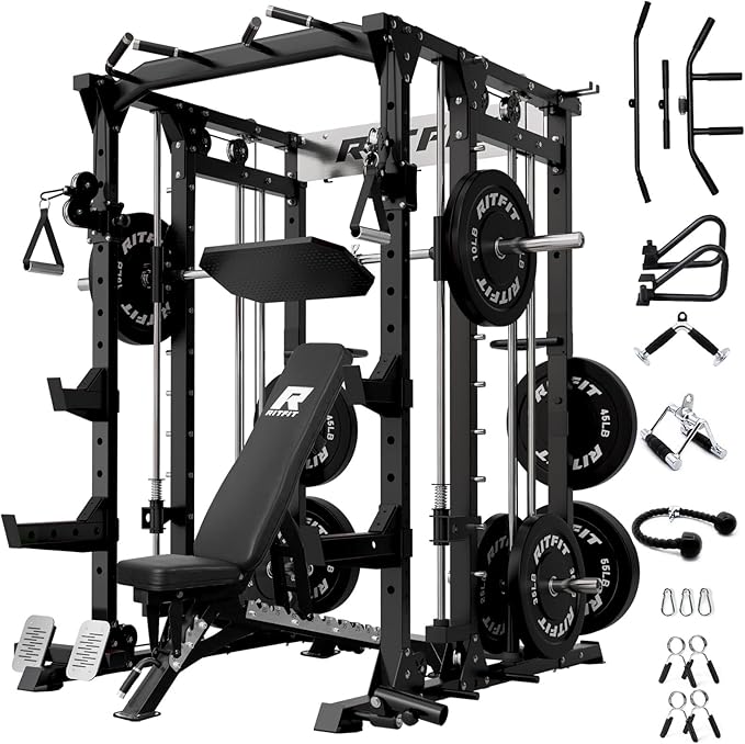 RitFit Buffalo Smith Machine, Power cage with LAT-Pull Down System & Cable Crossover System, All-in-One Squat Rack for Home Gym, Power Rack