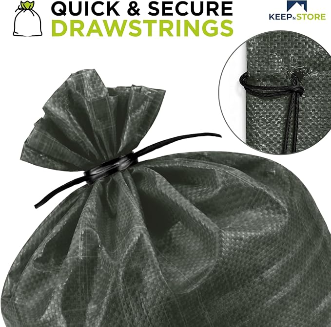 Heavy Duty Sand Bags Pack of 12, Army Green Empty Sandbags with Built-In Ties, Woven Polypropylene UV Protection 1600 Hours, Fillable Bags for Flood Control, Weight, 18x30 inches, 75 Pounds Volume