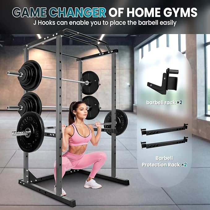 POWKOL Squat Rack Power Cage, 1200lb Capacity, 14-Hole Adjustable Height, Multi Functional Squat Rack for Home Gym With Safety Arms and J-Hooks, for Garage Gym Home Fitness Training