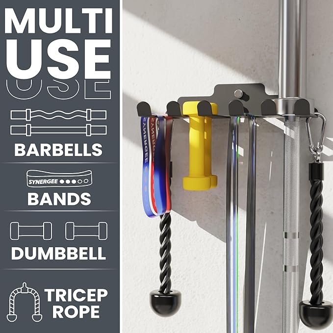 Synergee Wall Mounted Barbell Holder & Gym Accessory Rack – Heavy Duty Steel Storage for Barbells, Collars, Bands, and Fitness Gear – Space Saving Home Gym Equipment Organizer