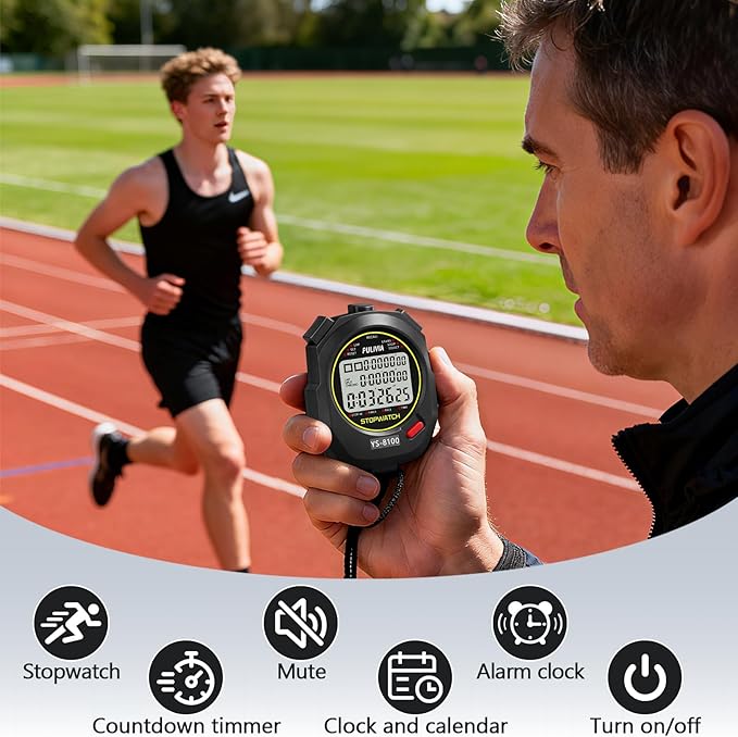 Stopwatch Timer 10 Splits/Laps Digital Stop Watch for Sports, Countdown Alarm Clock Date Memory Recall Large Display, Stopwatch for Coaches PE-Teacher Referee (Black, 100 Splits/laps)