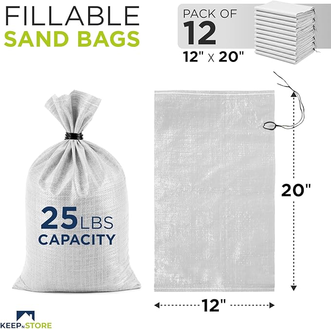 Heavy Duty Sand Bags Pack of 12, White Empty Sandbags with Built-In Ties, Woven Polypropylene UV Protection 1600 Hours, Fillable Bags for Flood Control, Weight, 12x20 inches, 25 Pounds Volume
