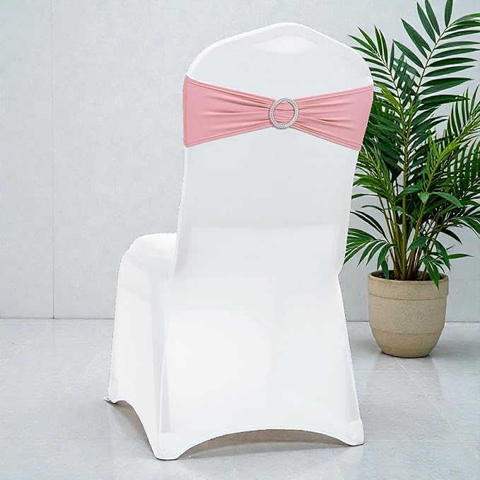MDS Pack of 100 Spandex Chair Sashes Bow Premium Stretch Chair Cover Band with Buckle Slider Universal fits Elastic Dining Chair Ties for Wedding Party Banquet Events Decoration - Dusty Rose