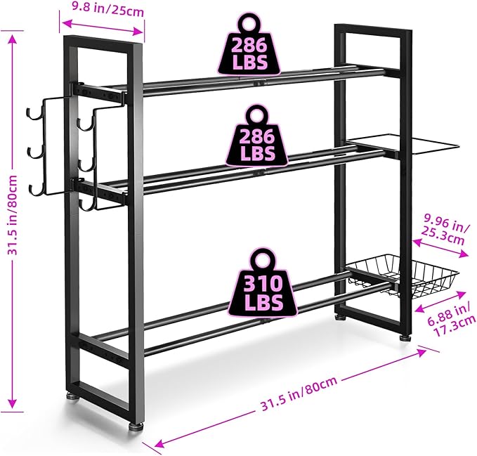 3-Tier Dumbbell Rack with 882 LBS Capacity, Multi-Purpose Weight Rack for Home Gym with Shelf and Movable Hooks, Weight Holder and Home Gym Storage Organizer for Dumbells Kettlebells Yoga Mat