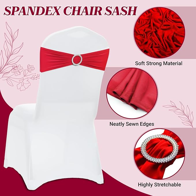 MDS Pack of 200 Spandex Chair Sashes Bows Universal fits Elastic Stretch Chair Bands Ties with Buckle Slider Bow for Wedding Decoration Spandex Slider Sashes Bow - Red
